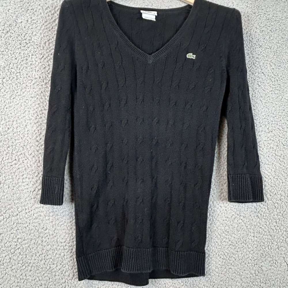 Vintage Lacoste Women's‎ V-Neck Cable Knit Sweater Size 38 Large 100% Cotton
